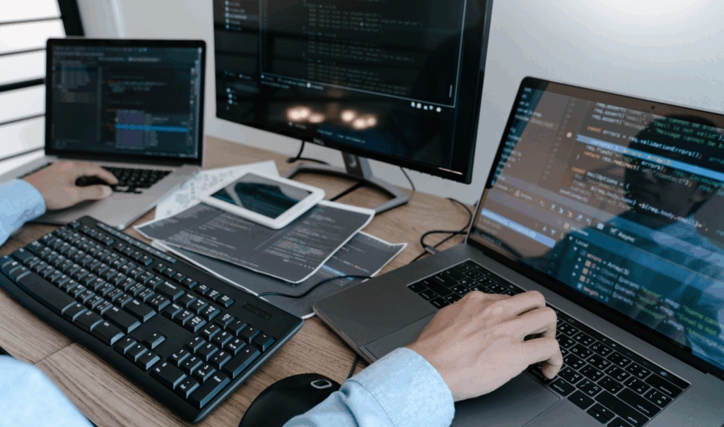 Informático trabajando con varios ordenadores